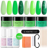 Aokitec Dip Powder Nail Kit - Spring Set Green Series Colors Dip Powder with Dip Liquid & Nail Tools 15PCS